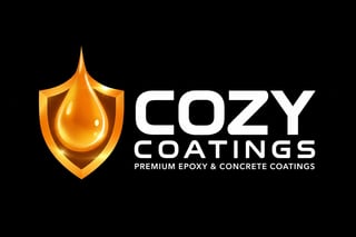 Cozy Coatings logo featuring a golden oil droplet in a shield shape with white text on black background