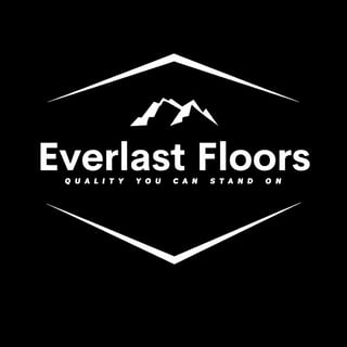 Everlast Floors logo with white hexagon, mountain peaks, and tagline Quality You Can Stand On on black background