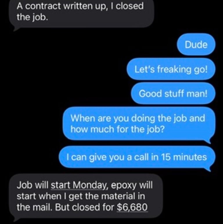 Text message conversation between two people discussing a job contract and epoxy work, with pricing details and scheduling information