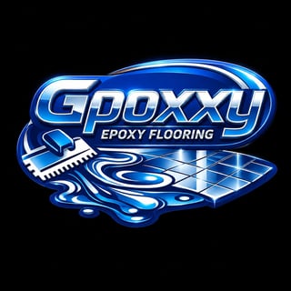 Epoxxy Epoxy Flooring logo featuring blue text with a paint brush and checkered flooring pattern on black background