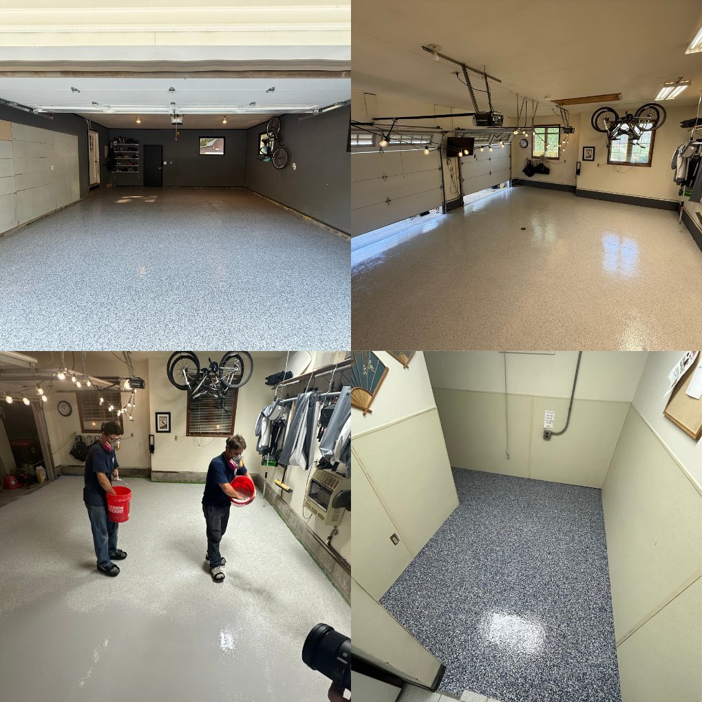 Four views of a clean garage interior with polished concrete floors, overhead storage, and organized workspace