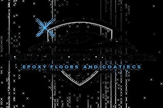 Logo for Epoxy Floors and Coatings featuring a house silhouette in a shield with a blue snowflake, set against a digital matrix background