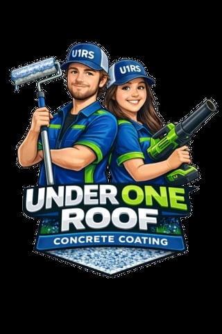 Under One Roof logo featuring two workers in blue UIRS uniforms and safety gear holding tools, with concrete texture below