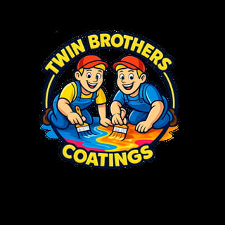 Twin Brothers Coatings logo featuring two smiling cartoon painters in red caps and blue uniforms applying paint with brushes