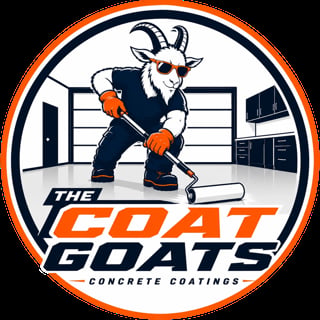 The Coat Goats logo featuring a cartoon goat in work gear holding a paint roller in a garage setting with orange and navy branding for concrete coatings