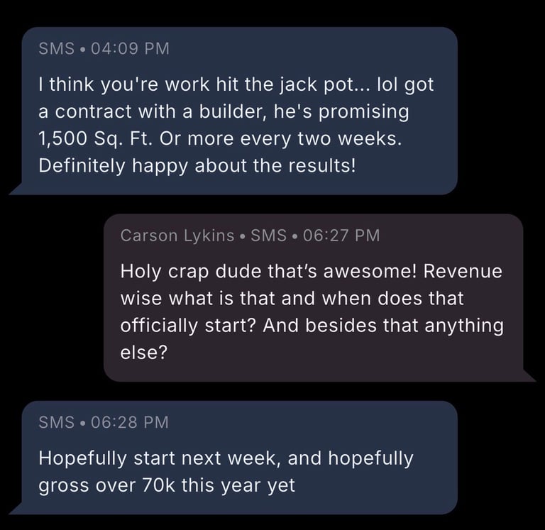 SMS conversation between two people discussing a construction contract with details about square footage deliverables and revenue projections